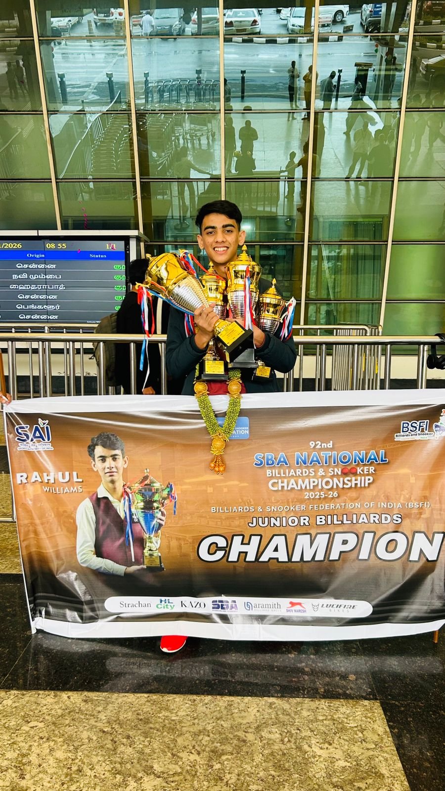 Rahul Williams with the BSFI Junior Billiards Champion 2025–26 banner
